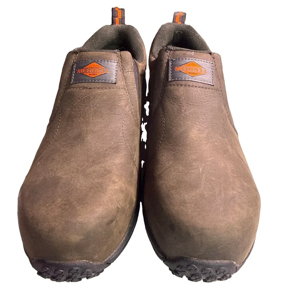 Merrell Work Men’s Jungle Moc Leather Composite Toe Slip on Work shoes Brown 8